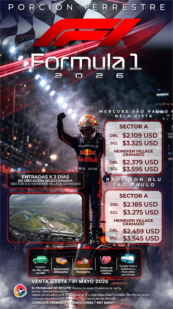 Formula 1 Sao Paulo 2026 entradas y hotel desde 2109 USD porcion terrestre Brasil