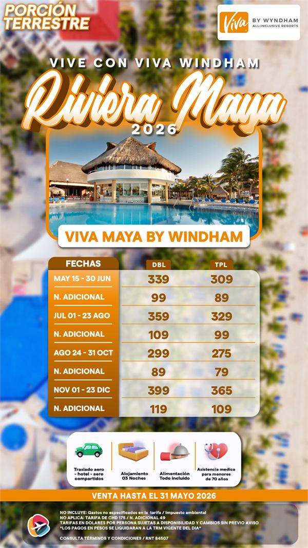 Riviera Maya 2026 Viva Maya by Wyndham porcion terrestre todo incluido